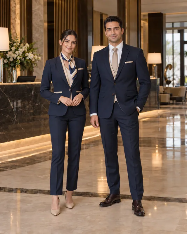 Resepsiyon masası önünde lacivert front office üniformalı ekip