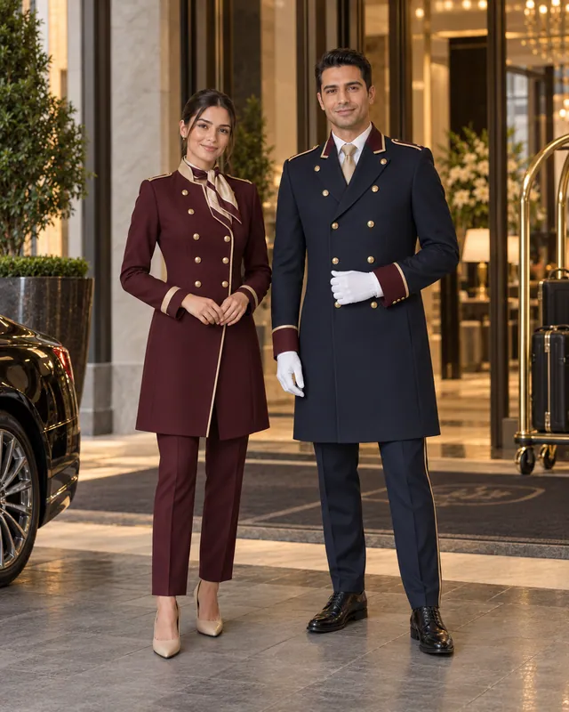 Otel girişinde bordo ve lacivert kapı görevlisi paltoları